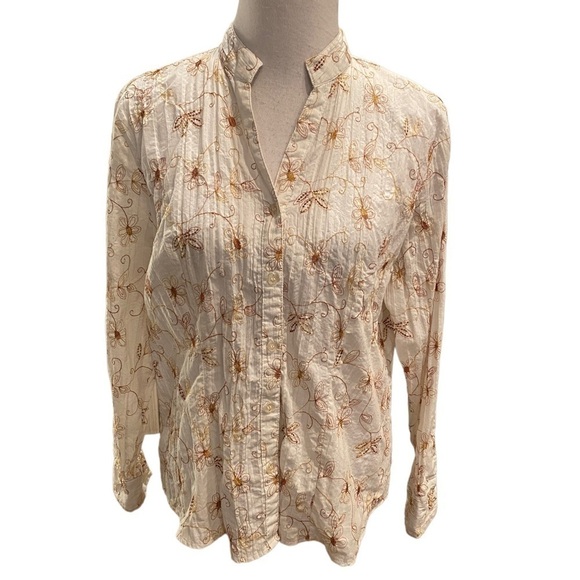 Lee Tops - Lee Women’s Button Up Floral Bohemian Embroidered Long Sleeve Top. Size Large